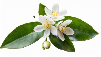 orange blossom branch with white flowers buds and leaves isolated transparent png neroli citrus bloom - obrazy, fototapety, plakaty