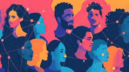 Diverse network of people in colorful abstract illustration