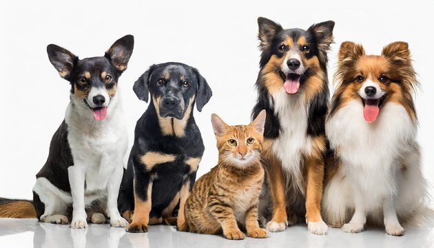 group of pets domestic animals together on transparent white background