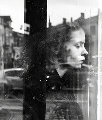 Contemplative Woman Gazing Through Windowpane Reflection