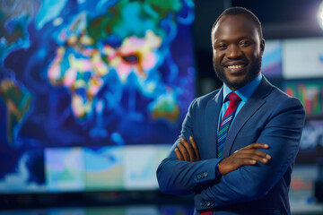 Professional anchor reporting on weather forecast against background with weather map in news studio. Male anchor in TV studio on air - obrazy, fototapety, plakaty