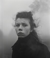 Young Girl with Freckles and Misty Background in Monochrome