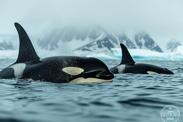 An orca pod swimming in the cold blue waters of the Arctic, their black and white colors stark against the icy seascape