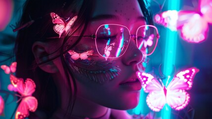 Cyberpunk journey with lo fi vibes guided by neon butterflies through digital realms