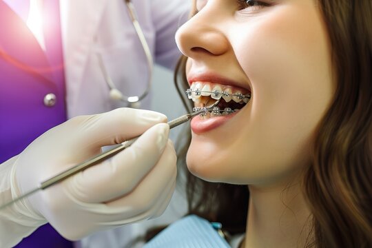 Close-up of a smiling patient getting braces checked by an orthodontist