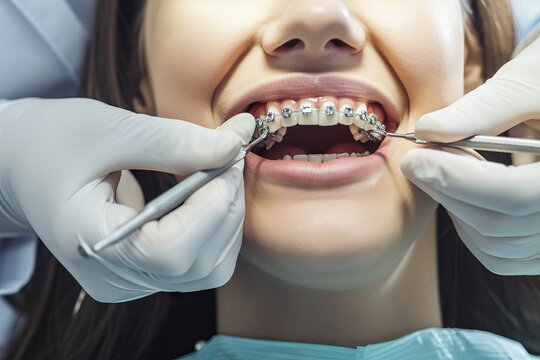 Close-up of a female patient getting her braces tightened by an orthodontist