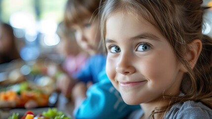 Close-up of a cheerful young girl with sparkling eyes during a family meal, with a blurred background