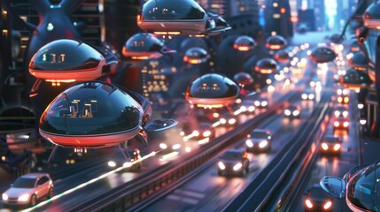 Fototapeta na wymiar Futuristic urban traffic flow showcasing seamless integration of hovercrafts and drones Efficiency redefined