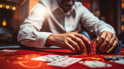 Poker player betting at casino table