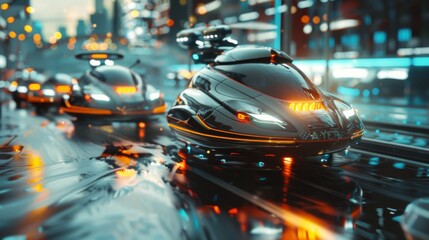 Futuristic urban traffic flow showcasing seamless integration of hovercrafts and drones Efficiency redefined - obrazy, fototapety, plakaty