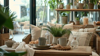 Cozy café corner with fresh pastries and greenery