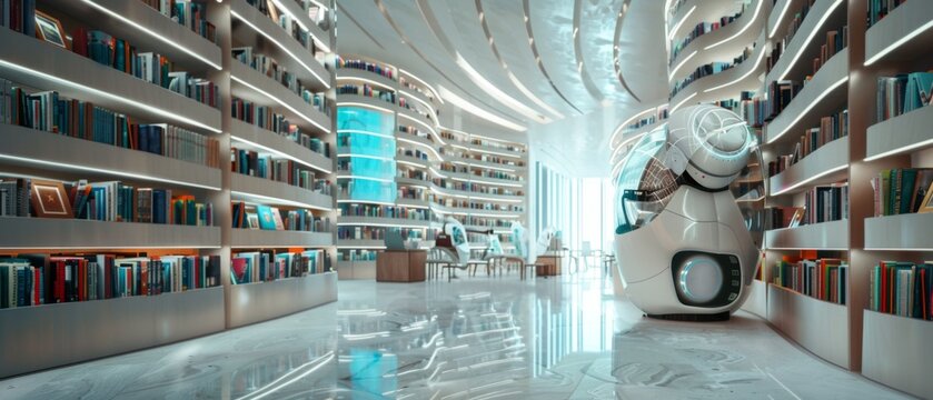 Futuristic library scene where 3D robots provide personalized reading suggestions to humans