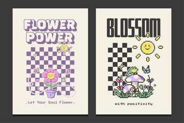groovy hippie 70s posters in pixel art, vector illustration 