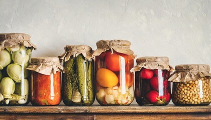 autumn seasonal pickled or fermented vegetables in jars placed in row over vintage kitchen drawer white wall background copy space fall home food preserving or canning