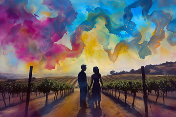 Couple Embracing in Vineyard, Whimsical Sky of Colors