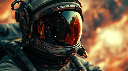 Astronaut close-up with cosmic reflection on visor - obrazy, fototapety, plakaty