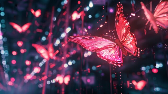 Neon butterflies in a lo fi cyberspace guiding through digital realms