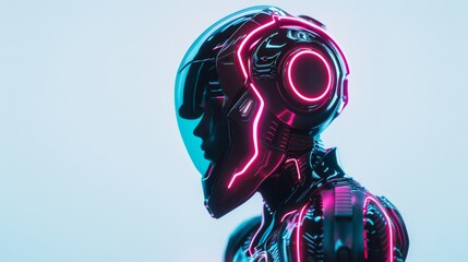 Spectacular cyber warrior neon illuminated showcasing futuristic creativity against a white backdrop - obrazy, fototapety, plakaty