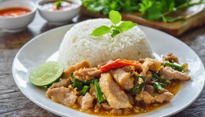 pork stir fried with garlic rice in white plate on the table set a popular meal in thailand selective focus