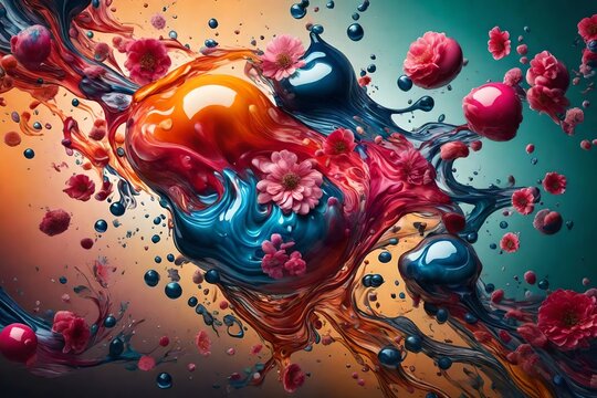 A breathtaking high-resolution image showcasing the dynamic fusion of colorful liquids on a clean background, adorned with tasteful flower patterns, creating a appealing and modern illustration