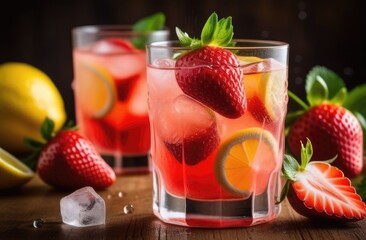 glass of non-alcoholic strawberry lemonade with mint, refreshing drink, fresh summer cocktail with ice, detox water, berry cocktail