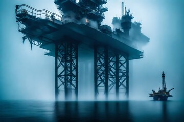 Dense fog enveloping an offshore oil rig, creating an eerie yet captivating atmosphere