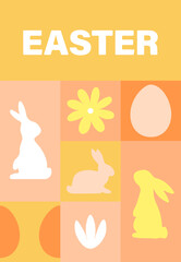 Poster with egg, rabbit and flower on a background of colorful blocks. Vector illustration for Easter.