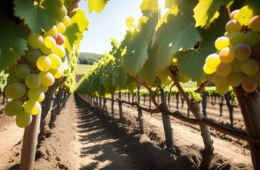 close-up, grape plantation, ripe bunch of grapes on a vine branch, summer vineyard, harvesting,...