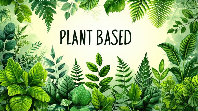 Fototapeta Vibrant banner with lush greenery and 'plant based' text for eco-friendly themes