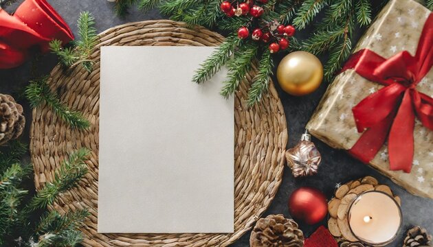 top view blank a3 paper placemat on a christmas table mockup photo realistic render christmas card with christmas decorations