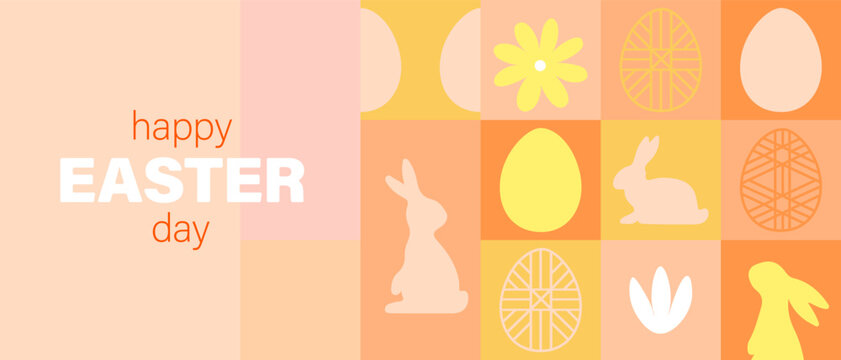 Egg, rabbit and flower on a background of colorful blocks. Vector banner for Easter.