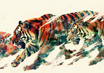 graphic tigers painting on a white background Generative AI