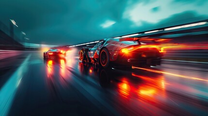 High-speed sports cars racing on city highway at night