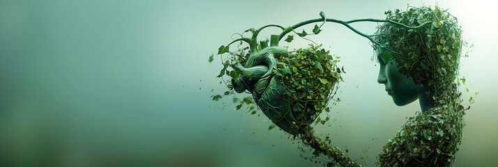 An abstract human heart shape created from intertwined vines and leaves, symbolizing health and nature