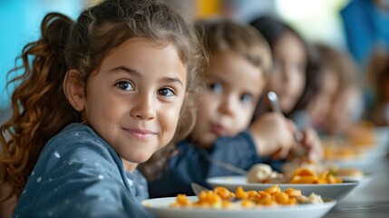 Happy child enjoying lunch at school cafeteria