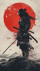 Samurai warrior silhouette against red sun