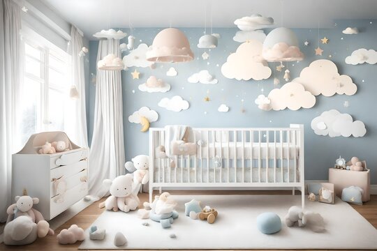 A celestial baby room with dreamy cloud wall decals, celestial mobiles, and soft, sky-inspired colors. A serene and calming space for a little dreamer