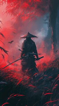 Mysterious samurai in misty red forest