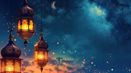 Enchanted ramadan lanterns under the moonlit sky - obrazy, fototapety, plakaty