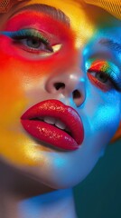 Close-up of a young woman with bold multicolored makeup and striking red lips