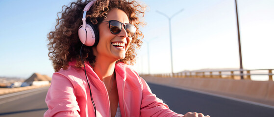 Smiling young curly woman listens to music on headphones outside, web banner with copyspace for text
