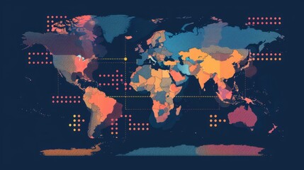 Vibrant halftone world map: creepy dotted design with distinct continent colors - vector illustration