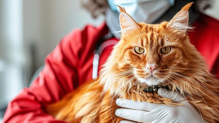 Male vet with cat in clinical setting, blurred white background, ideal for text placement.