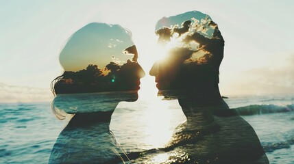 Silhouettes in sunset: a double exposure love concept