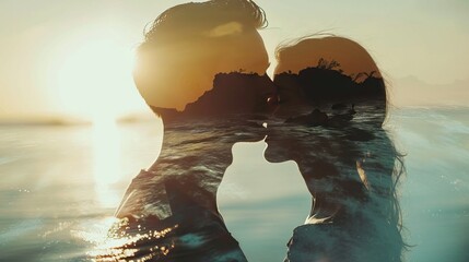 Intertwined spirits - couple's silhouette with sunset beach landscape - obrazy, fototapety, plakaty