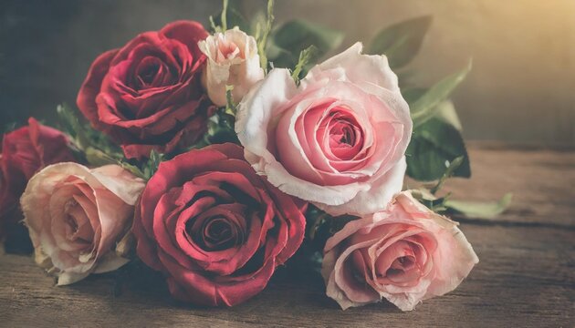 bouquet of pink and red fabric roses soft and romantic vintage filter looking like an old painting flowers still life