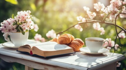 Serene morning with book and breakfast - obrazy, fototapety, plakaty