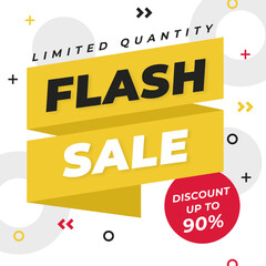 Flash Sale in White and Yellow Background With Discount Up to 90%. Vector illustration. 90% off Limited Quantity.