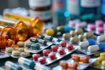 Variety of medications and pills on pharmacy counter - obrazy, fototapety, plakaty
