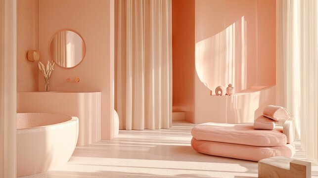 Modern minimalist peach bathroom interior